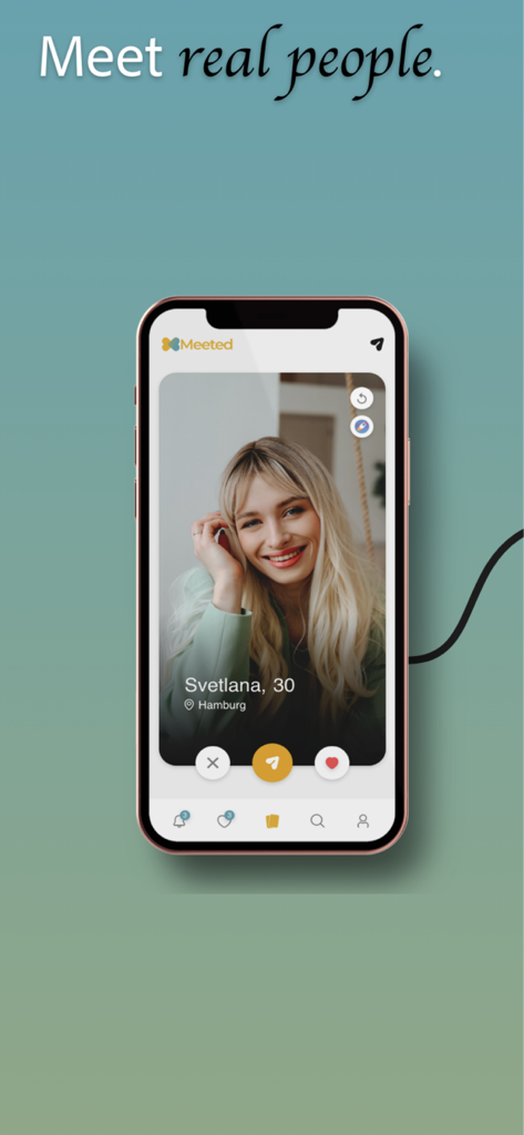 Interfaz de la aplicación de citas Meeted que muestra el perfil de un usuario y los botones de deslizamiento