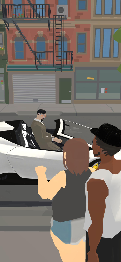 A man driving a white convertible sports car in a city street life simulation