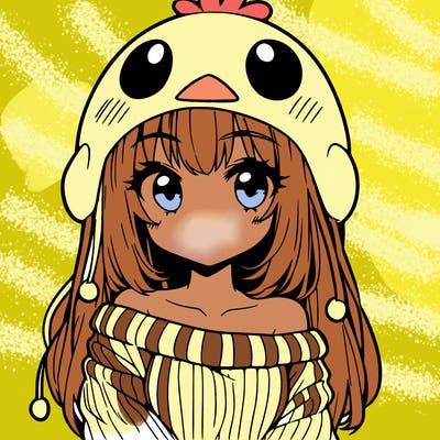 anime girl with chick shaped hat with sweater with bare shoulders with bangs covering them one eye with low tail