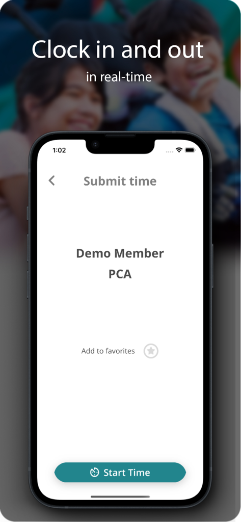 Mobile screen of the Time4Care app highlighting the real-time clock in and out feature with a Start Time button.