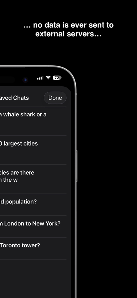 BitBot App-Bildschirm, der den gespeicherten Chatverlauf und eine Datenschutzmeldung zur lokalen Datenverarbeitung zeigt