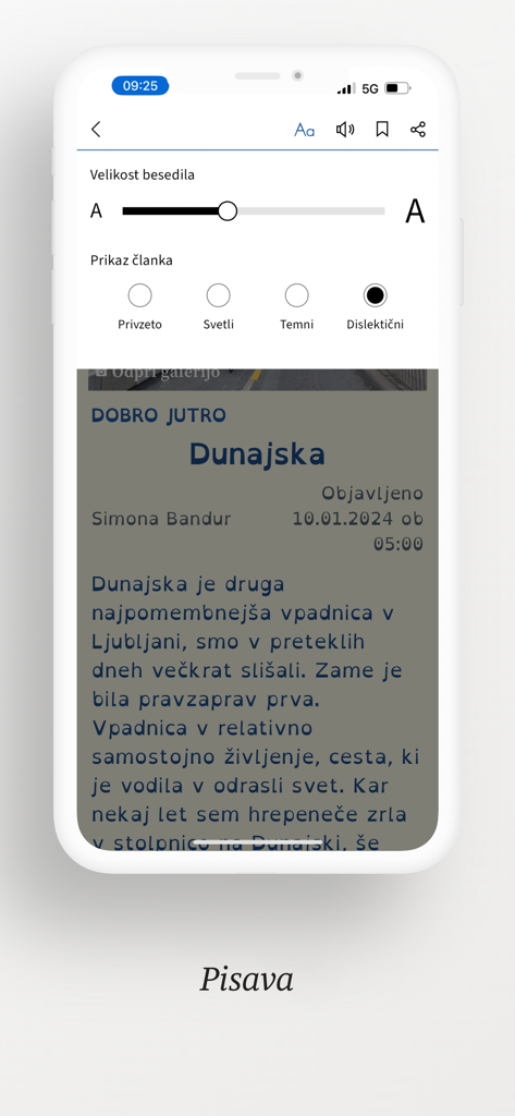 Opciones de accesibilidad en la aplicación de noticias Delo mostrando el tamaño de fuente y el modo para disléxicos