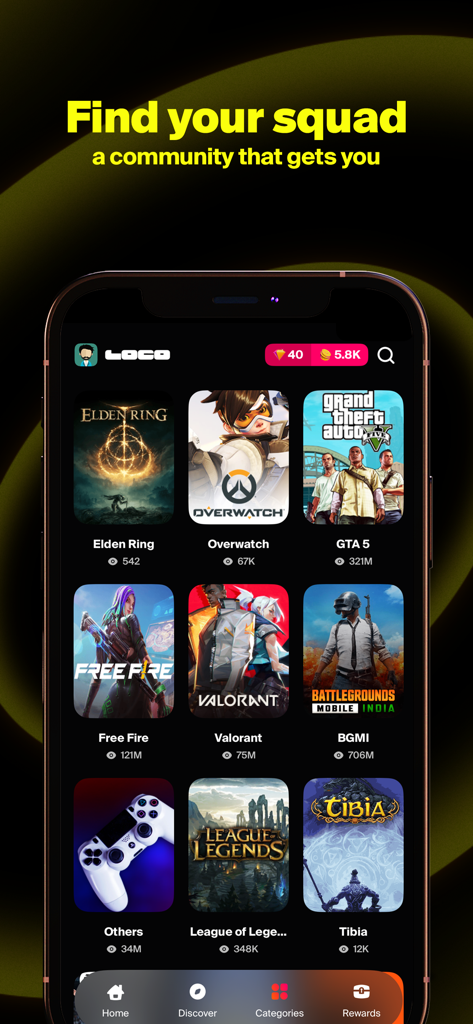 Loco: Live Streaming - Interface do aplicativo móvel Loco mostrando várias categorias de jogos como GTA 5 e Valorant com contagens de espectadores ao vivo.