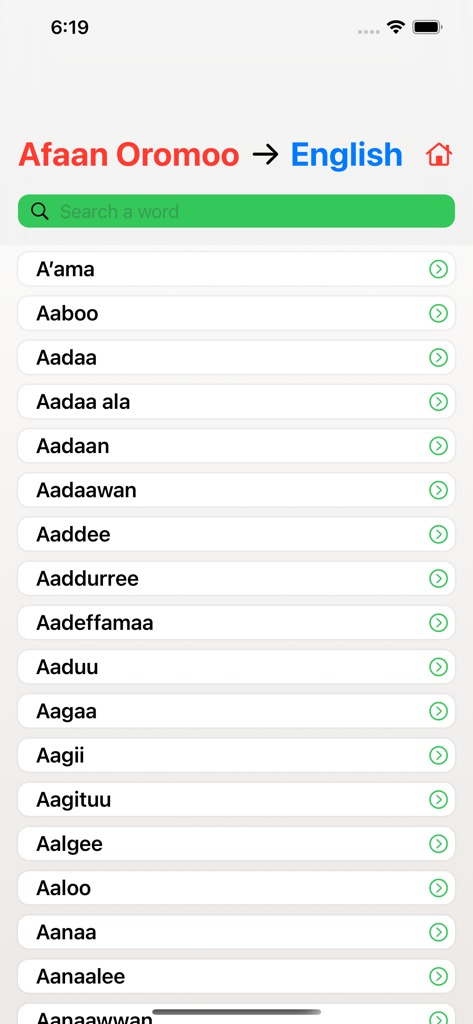 Afan Oromo English Dictionary - Afaan Oromoo to English dictionary app screen showing a list of words starting with A