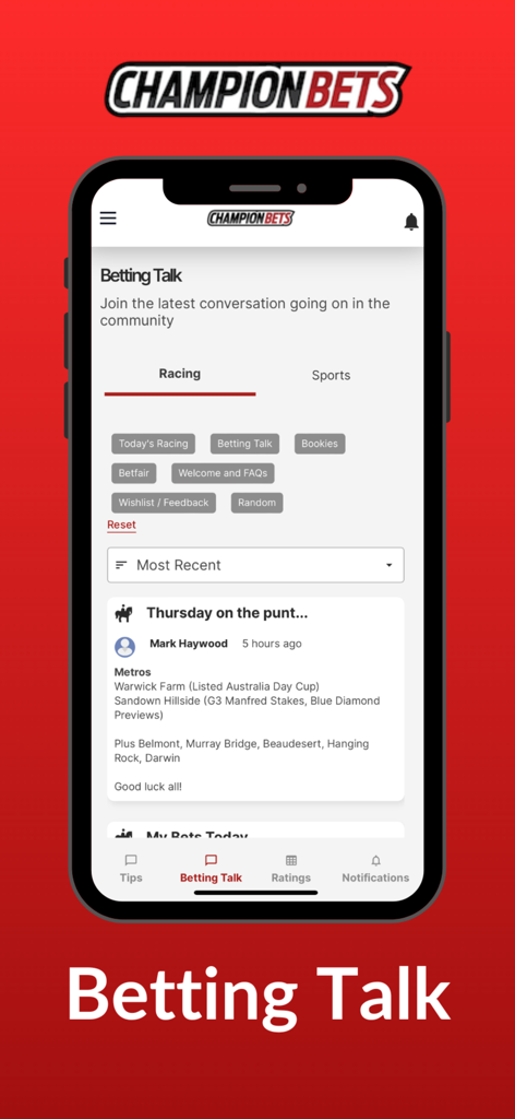 Champion Bets - Champion Bets app showing the Betting Talk community forum for sports and racing