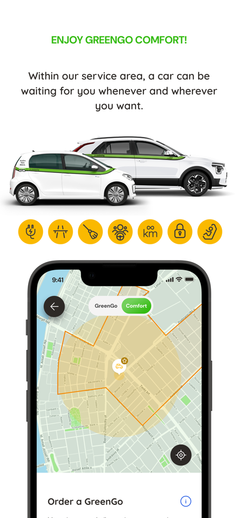 GreenGo - Interface of the GreenGo app featuring electric car sharing Comfort options and a service area map