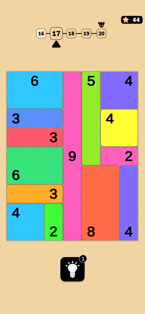 Fill Shikaku - A completed logic puzzle grid in the Fill Shikaku app with colorful rectangles and squares containing numbers.