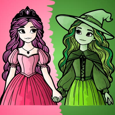 a princess and a witch holding hands realistic