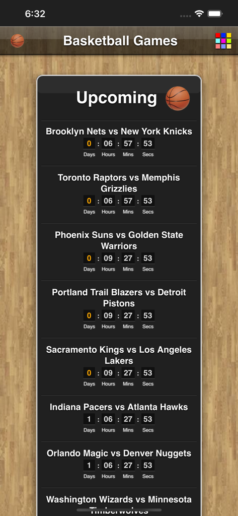 Basketball Games Pro - NBA basketball game schedule showing upcoming matchups and countdown timers