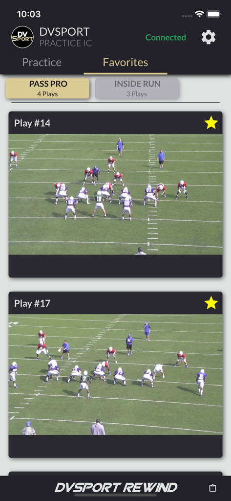 DVSport 360 Rewind interface showing a list of favorite football practice plays for video review.