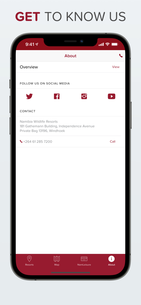 NWR – Namibia Wildlife Resorts - The about screen of the Namibia Wildlife Resorts app showing contact information and social media links.