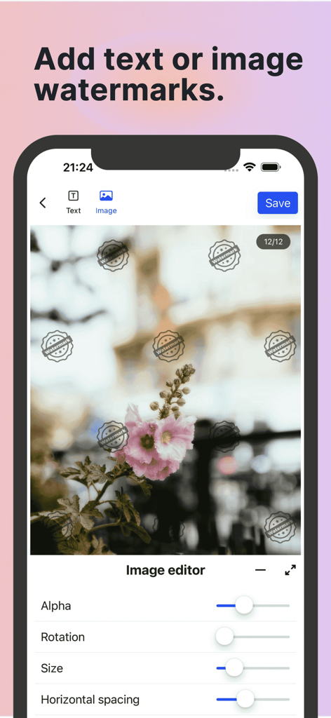 WatermarkX - Markup photos app - Interfaz móvil que muestra herramientas de marca de agua para la protección de fotos por lotes.