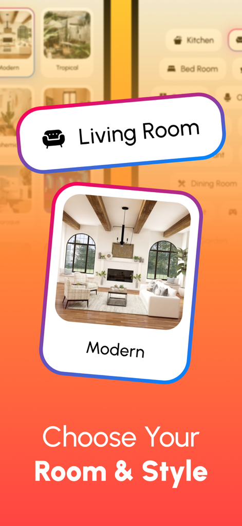App interface for selecting a room type and interior design style like modern or tropical.