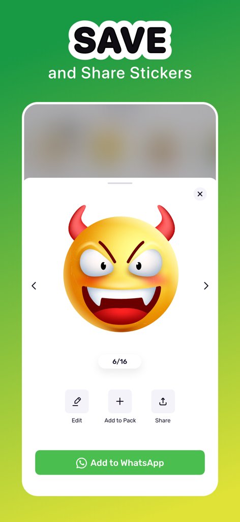 Sticker Maker Hub - WASticker - Interface montrant un sticker emoji diable avec des options pour sauvegarder et partager sur WhatsApp