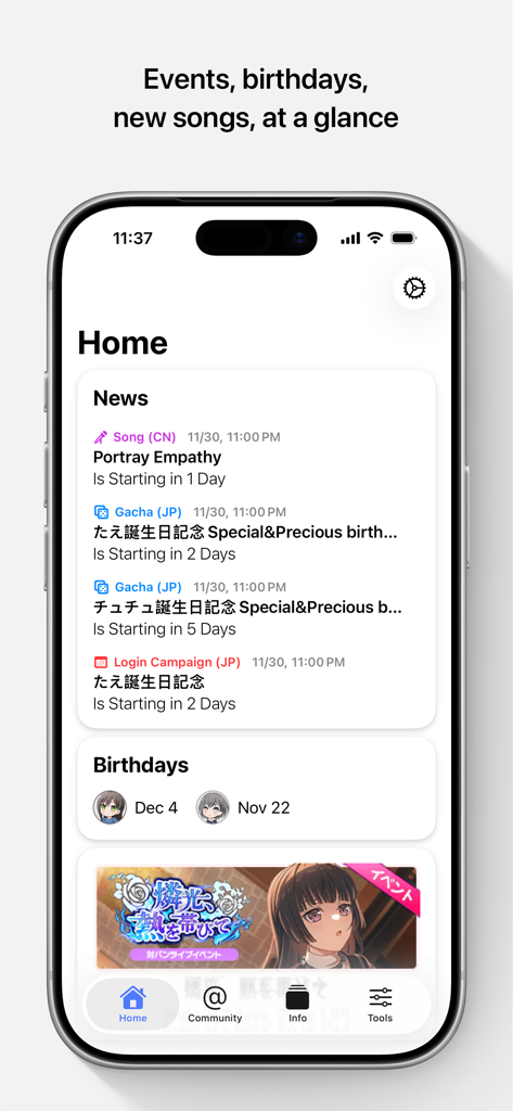 Greatdori! - Pantalla de inicio de la aplicación Greatdori que muestra noticias del juego, cumpleaños y actualizaciones de eventos para jugadores de BanG Dream