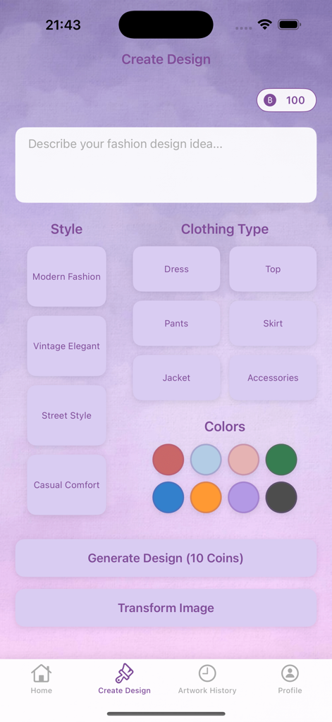 The creation interface of the Wivist app for generating AI fashion designs with style and clothing type options.