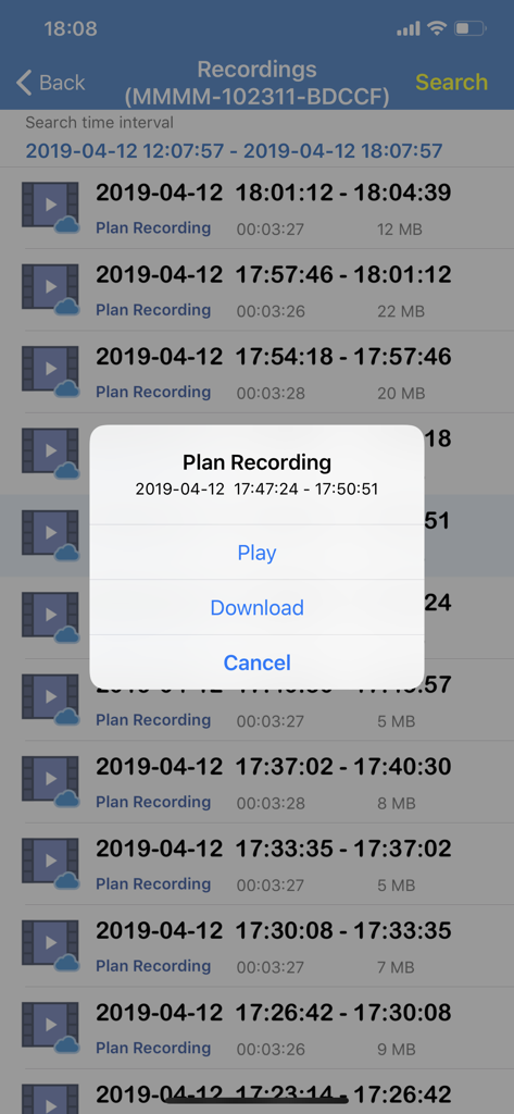 CamHi - List of recorded videos in the CamHi app showing play and download options