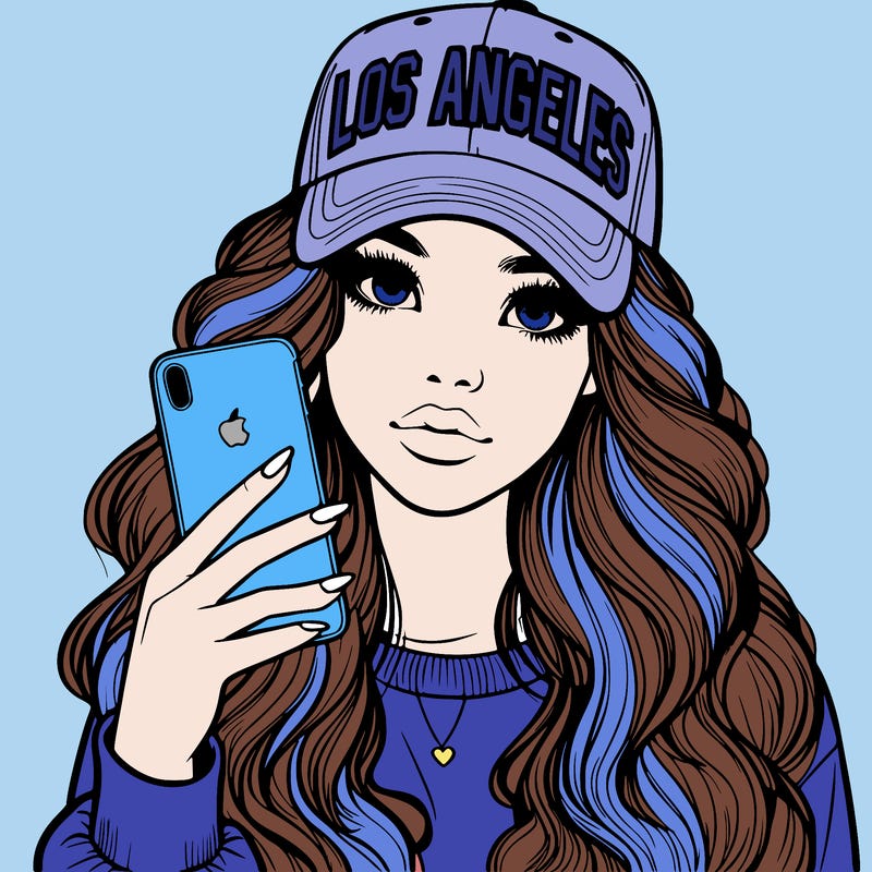 realistic beautiful girl wearing los ángeles cap holding an iphone