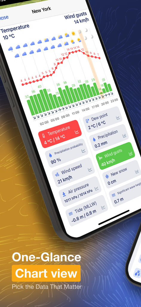 Ventusky mobile app showing detailed weather charts and data tiles for New York.