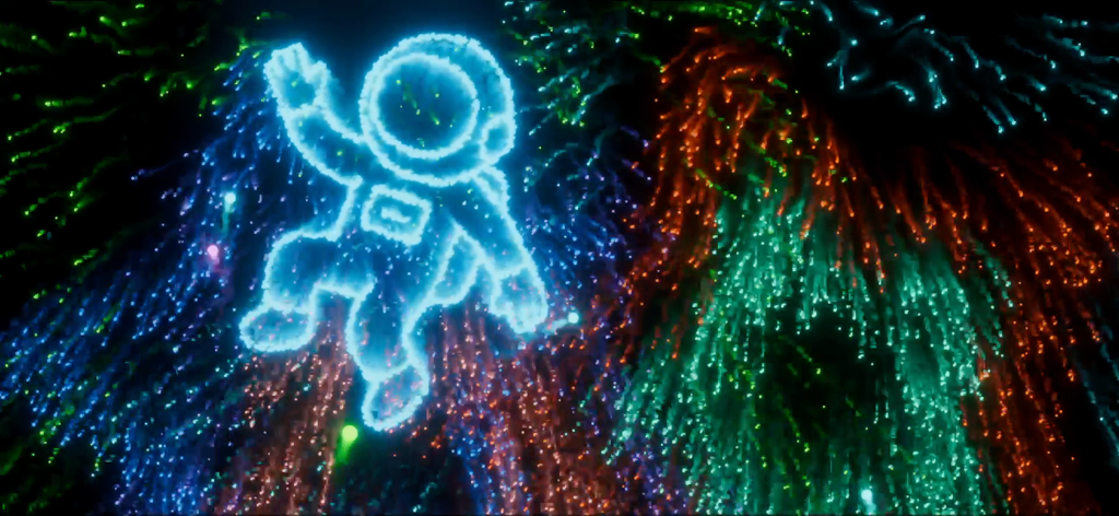 Go Particles: Anxiety Relief - Una figura de astronauta brillante azul rodeada de vibrantes partículas de luz multicolor en un espacio oscuro