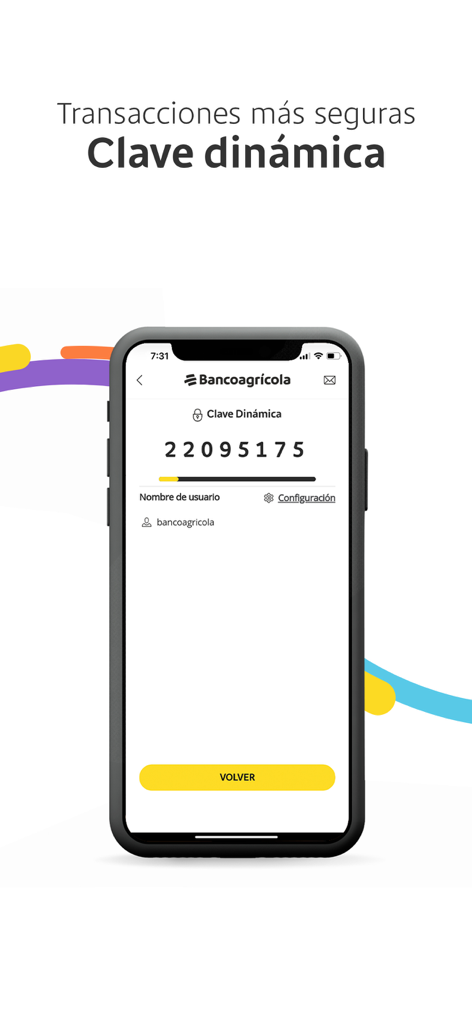 Aplicación Bancoagricola Empresas mostrando una clave de seguridad dinámica para transacciones comerciales seguras