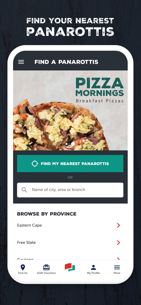 Panarottis app screen for finding the nearest restaurant with search bar and location options