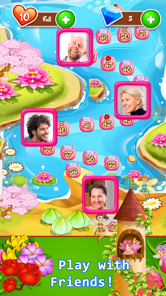 Blossom Garden - Free Flower Blast Match 3 Puzzle - Mapa de níveis de Blossom Garden mostrando fotos de perfil de amigos e paisagem de jardim