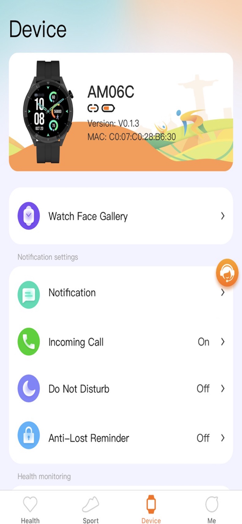 AuraFit - AuraFit app device settings screen showing connected smartwatch and notification controls