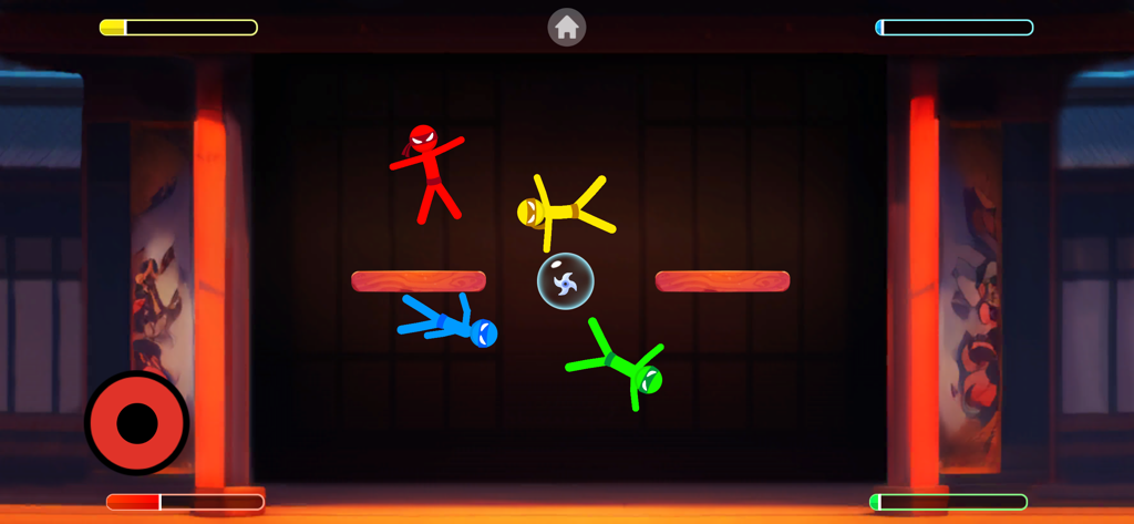 Party Friends Fun Mini Games - Quatro personagens stickman coloridos lutando em uma arena de dojo multijogador minijogo