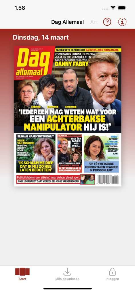 Ecrã inicial da app Dag Allemaal mostrando a capa de uma revista digital com notícias de entretenimento flamengas