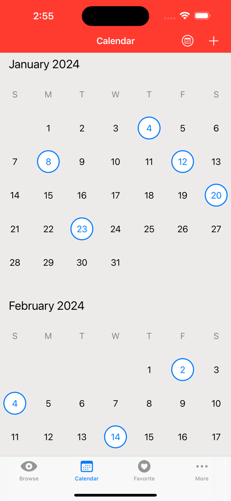 Fudo Note - Fudo Note 캘린더 보기에서 날짜별 레스토랑 방문 기록을 보여줍니다.