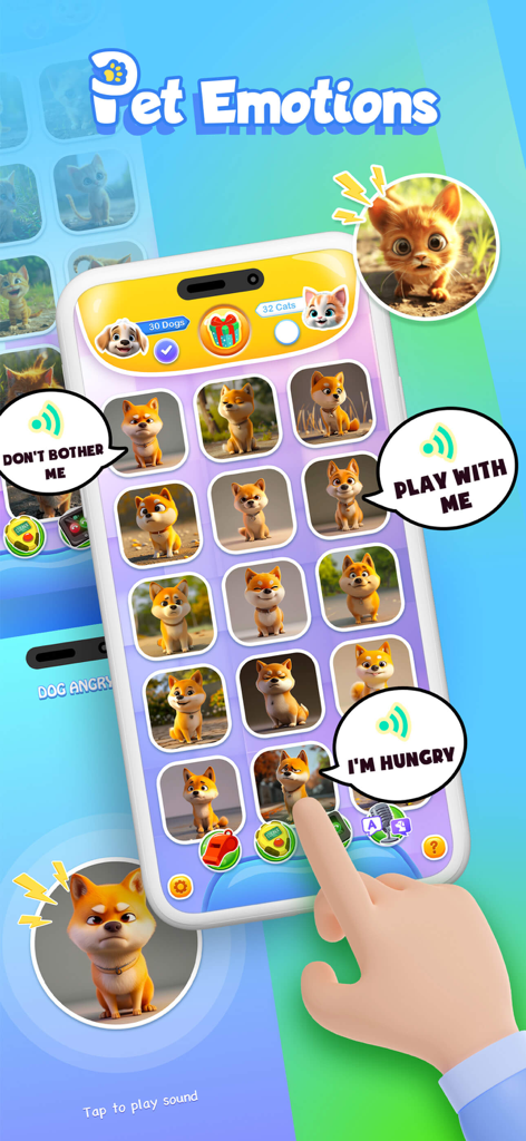 PawsTalk app interface showing a soundboard of dog emotions with speech bubbles like play with me