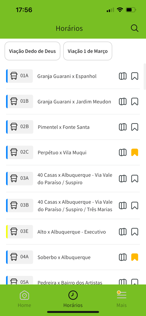 A list of bus routes and schedules in the Vai de Onibus mobile app for Teresopolis showing different transit lines