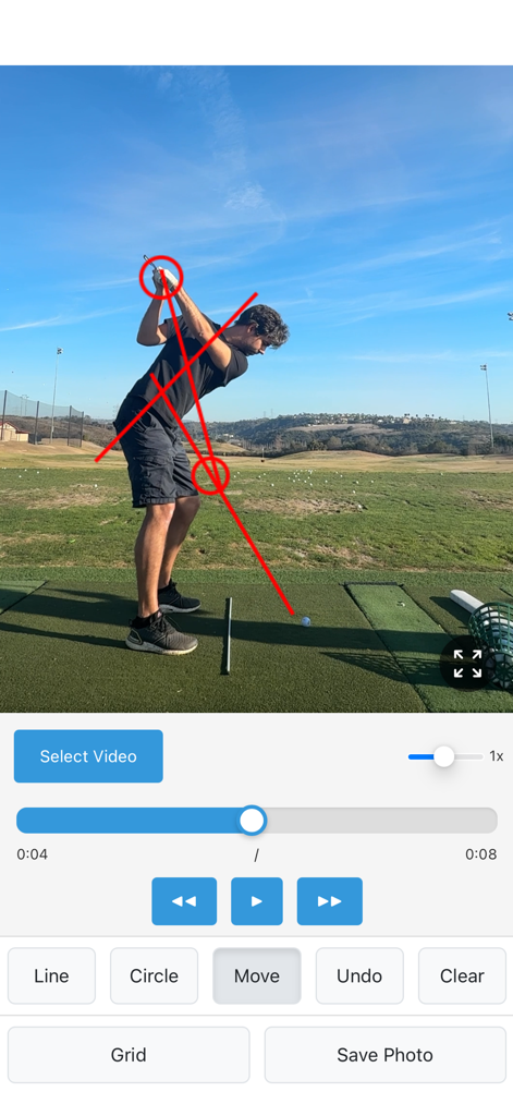 SwingDraw - Screenshot of SwingDraw app showing a golfer's swing annotated with red lines and circles for technical analysis