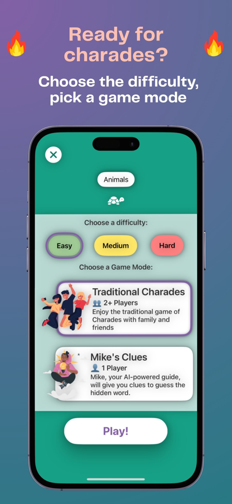 Guess It - Charades with AI - Guess It app screen showing options to choose game difficulty and select between traditional charades or AI-powered Mike's Clues mode.