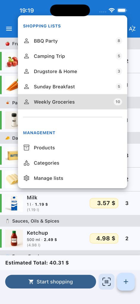 Pantalla de la aplicación Einkaufix que muestra múltiples listas de compras y artículos de comestibles con el precio total estimado.