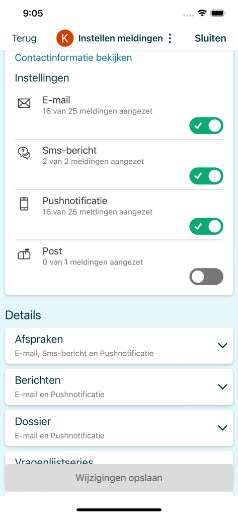 Mijn Dossier Amsterdam UMC - The notification settings screen of the Mijn Dossier Amsterdam UMC app showing toggles for email SMS and push notifications.