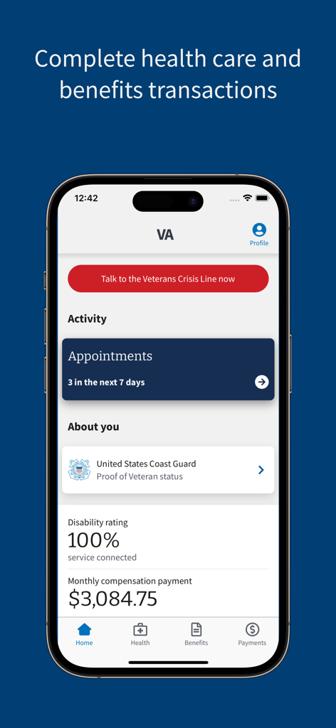 VA: Health and Benefits - Home screen of the VA Health and Benefits app showing veteran status disability rating and monthly compensation information