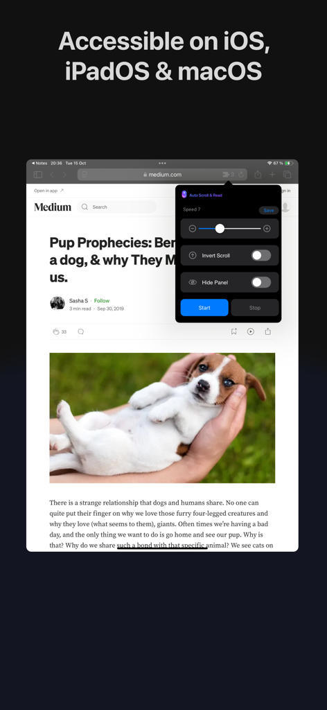 Medium 기사 위에 스크롤 속도 컨트롤과 시작 버튼을 표시하는 iPad의 자동 스크롤 및 읽기 확장 프로그램 인터페이스