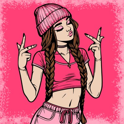 realistic teenage girl with braids and a beanie and crop top doing 🫶🏼