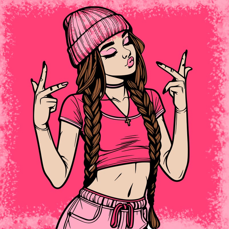 realistic teenage girl with braids and a beanie and crop top doing 🫶🏼