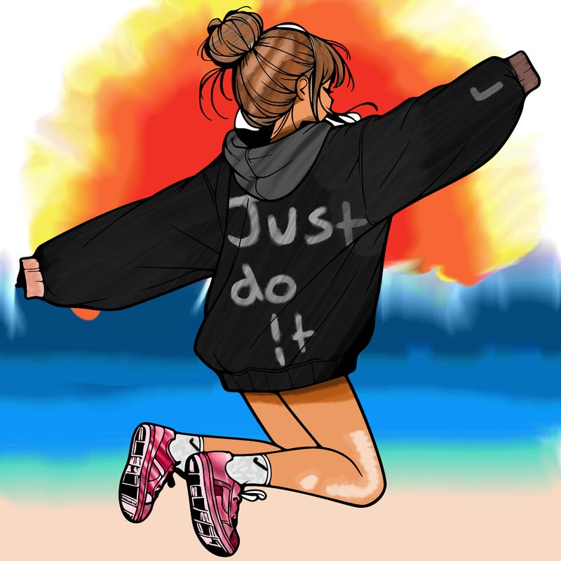 realistic girl jumping with a bun and oversized sweatshirt