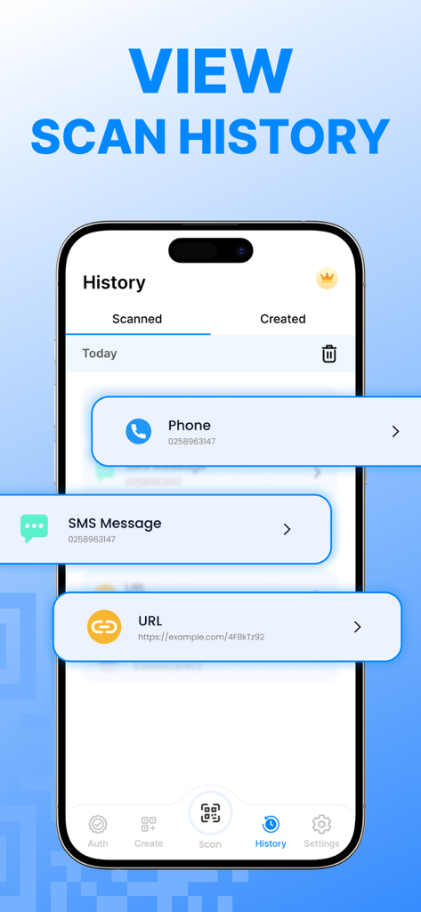 Scan history screen of the QR and barcode reader app showing logged phone numbers, SMS messages, and URLs.