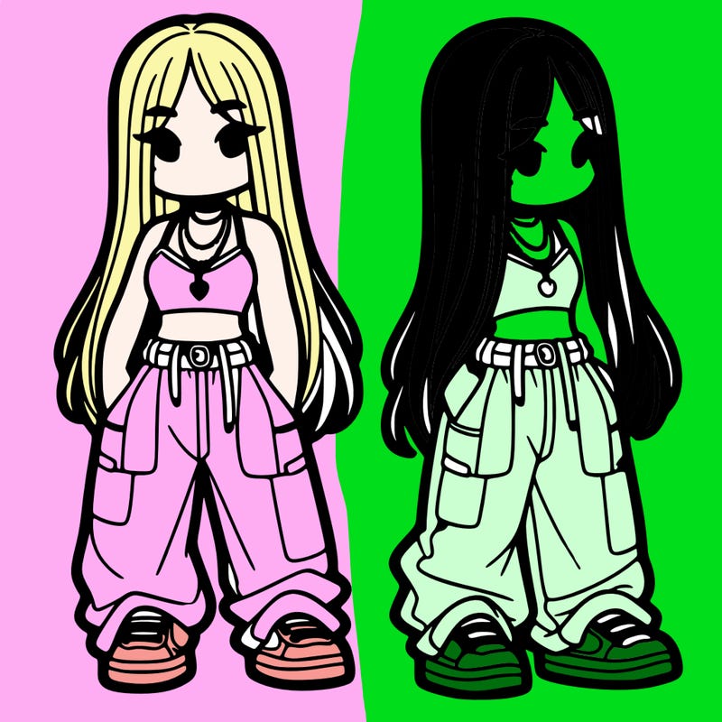 girl in baggy pants crop top and long hair
