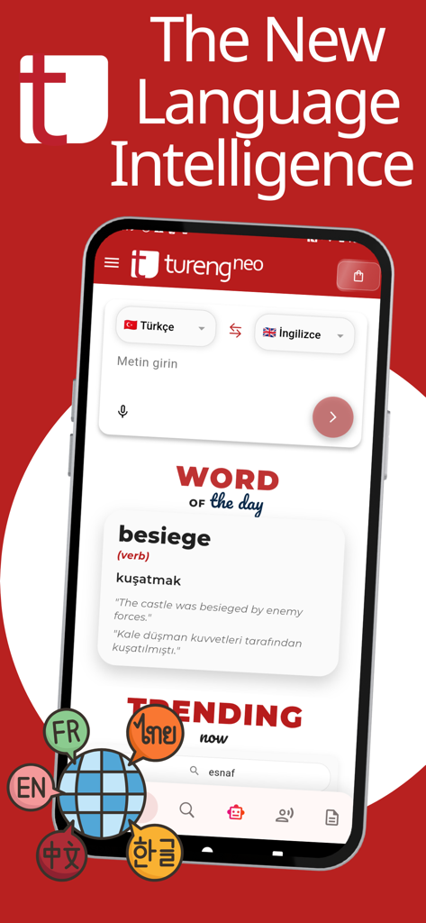 Tureng Neo - Tureng Neo app interface showing Turkish to English translation and word of the day features