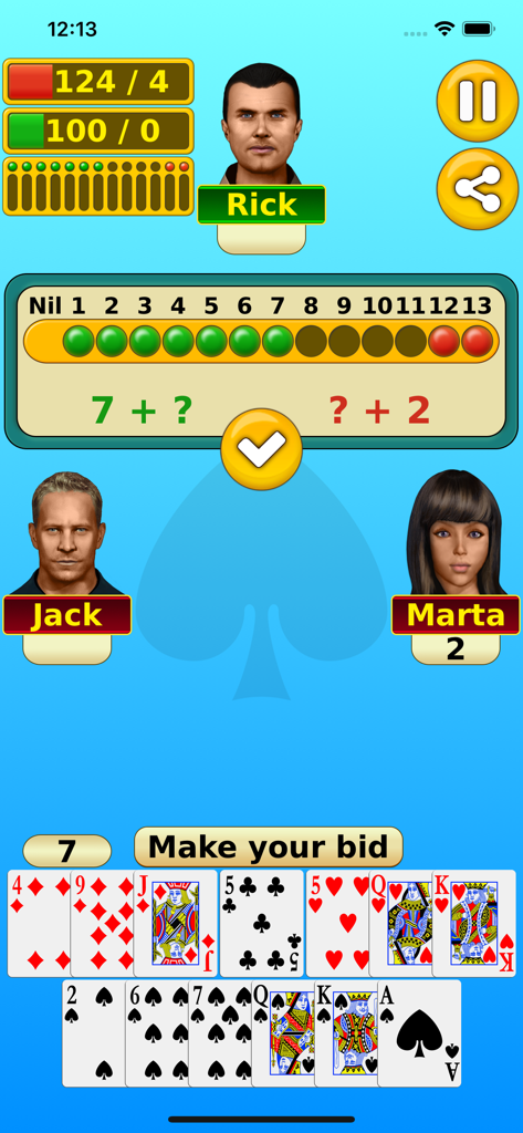 Spades - Play online & offline - Una pantalla de juego móvil de Spades donde los jugadores hacen sus apuestas.