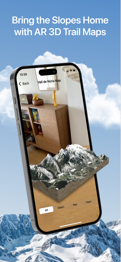 Ski Slopes Maps NEU - Ein iPhone-Bildschirm, der eine 3D-Augmented-Reality-Bergkarte für ein Skigebiet anzeigt.
