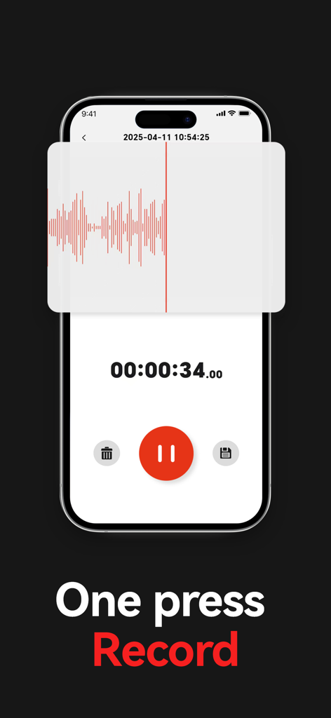 AIREC mobile app voice recording interface showing audio waveform and timer