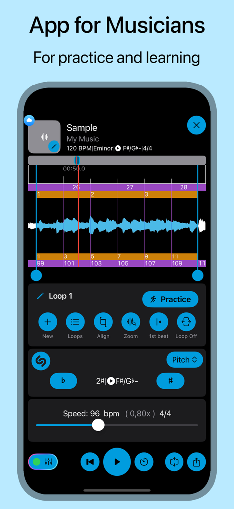 Music Looper app interface showing song waveform with looping and speed controls