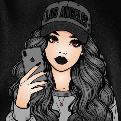 realistic beautiful girl wearing los ángeles cap holding an iphone